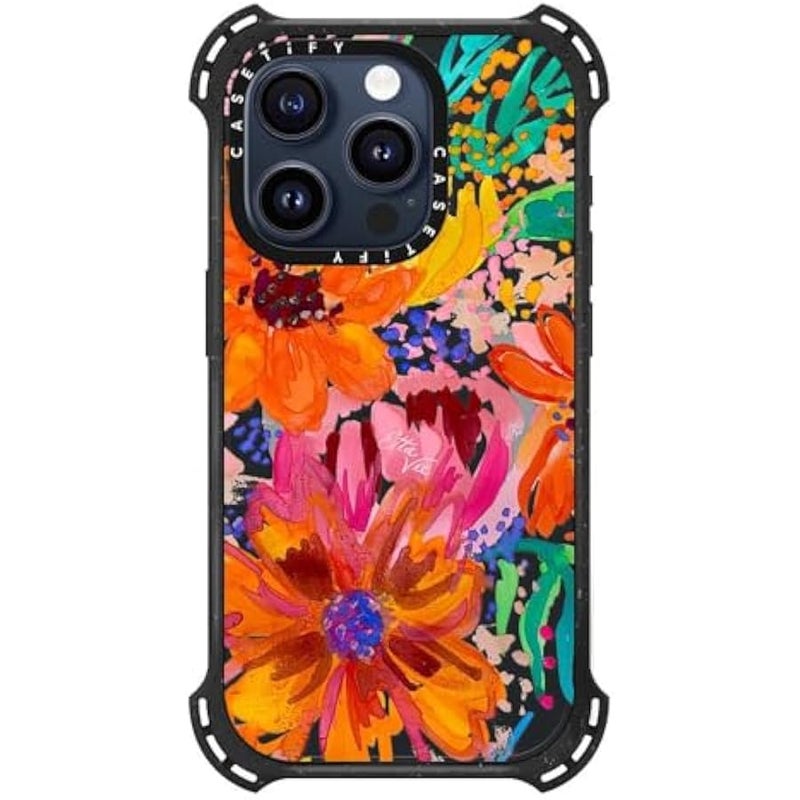 Casetify Bounce iPhone 15 Pro Case 【6X Military Grade Drop Tested / 21.3ft Drop Protection/Compatible with Magsafe】 - EttaVee Watercolor Fleurs - Triple Black - Image 2