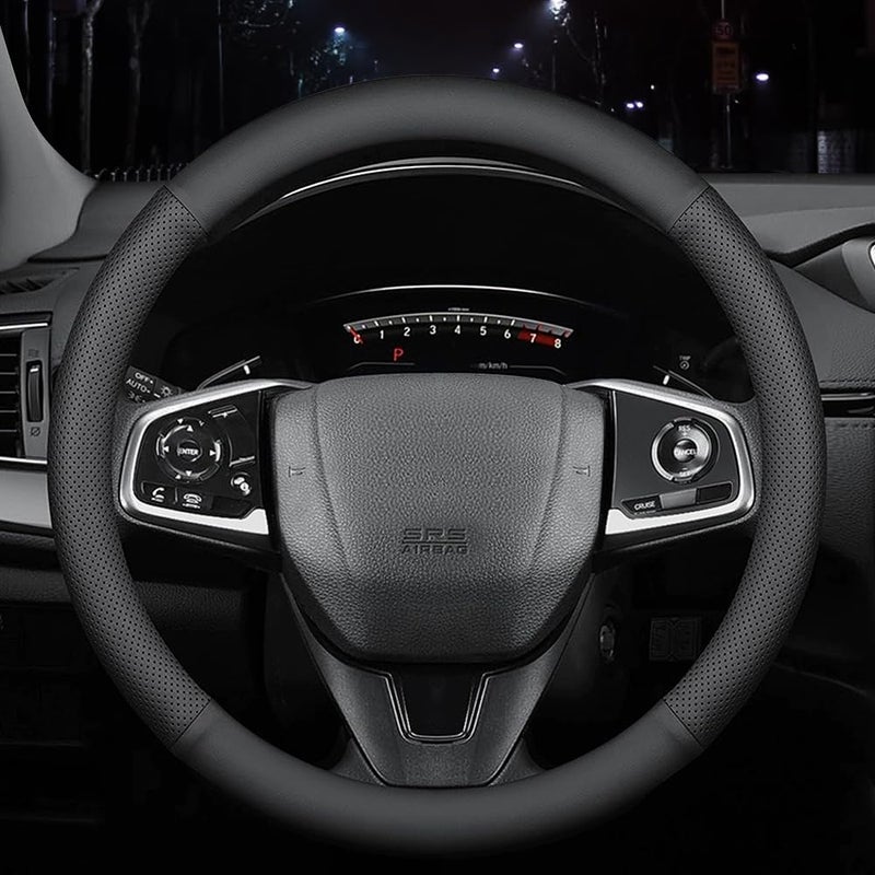 HAOTULE New Nappa Leather car Steering Wheel Cover AntiSlip Safety Soft Breathable Full Surround Universal 15 inch Black