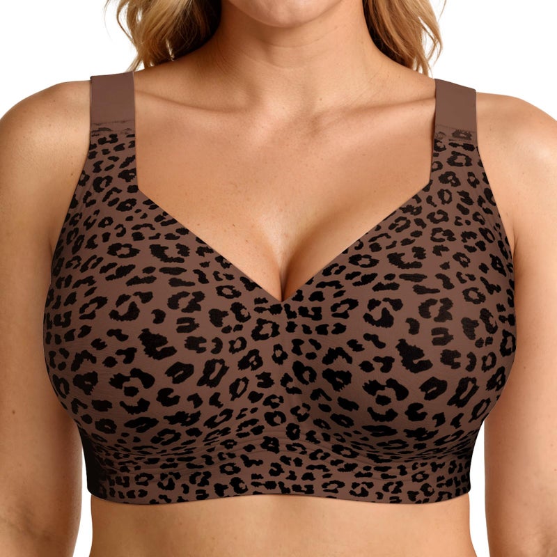 LetsJoli Jelly Bras for Women Push Up Bra Wireless No Underwire Supportive Full Coverage Plus Size for Older Women(Leopard Coffee,3XL) - Image 1