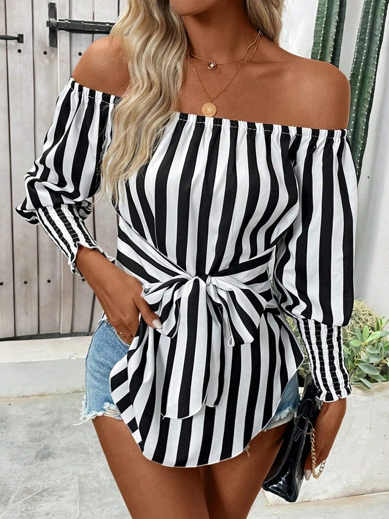 Women's Loose Off-Shoulder Lantern Sleeve Asymmetric Hem Striped Blouse - Image 4