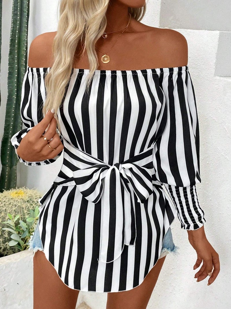 Women's Loose Off-Shoulder Lantern Sleeve Asymmetric Hem Striped Blouse - Image 5