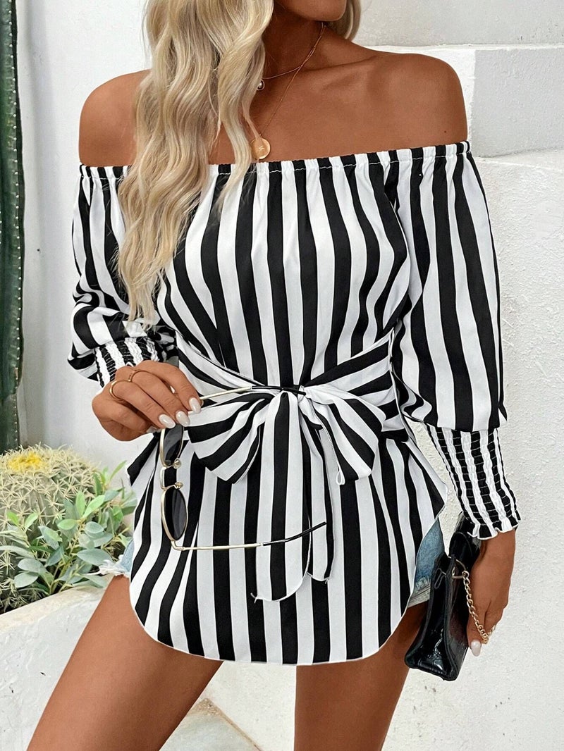 Women's Loose Off-Shoulder Lantern Sleeve Asymmetric Hem Striped Blouse - Image 3