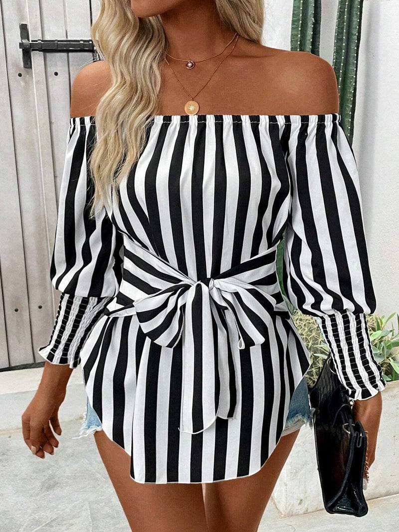 Women's Loose Off-Shoulder Lantern Sleeve Asymmetric Hem Striped Blouse - Image 1