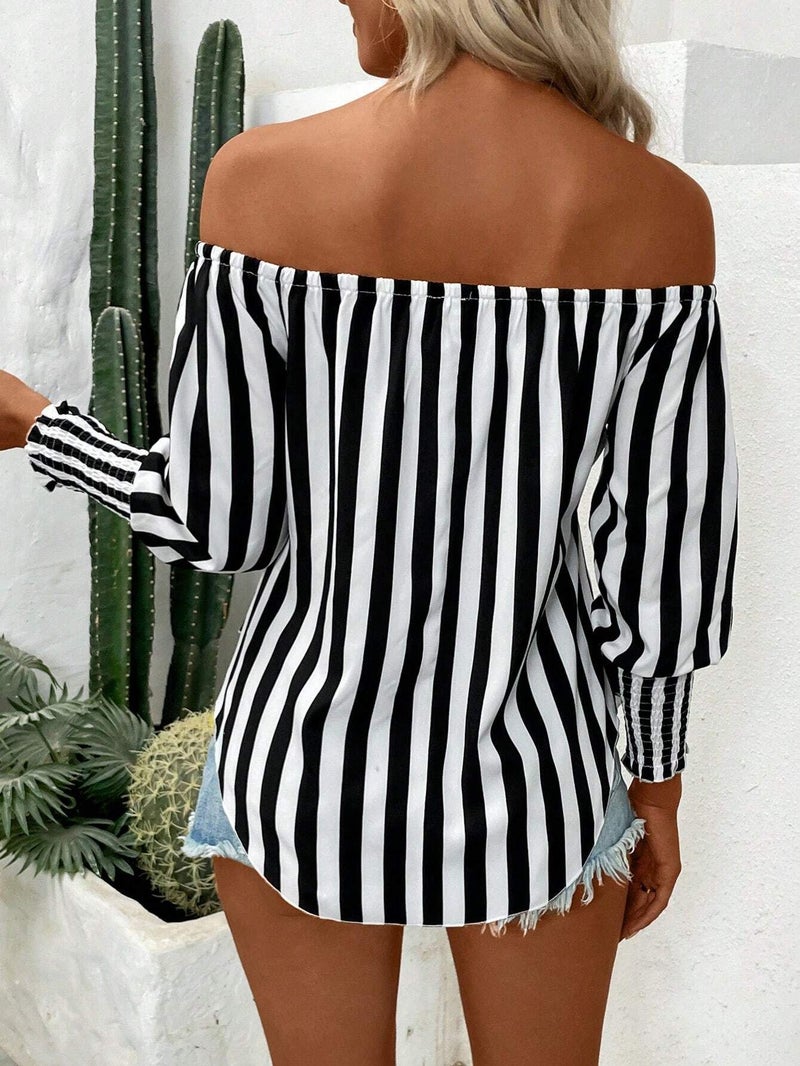 Women's Loose Off-Shoulder Lantern Sleeve Asymmetric Hem Striped Blouse - Image 2