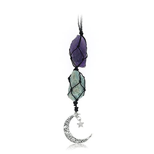 BOHO GARDEN Hanging Car Charm - Amethyst & Amazonite - Dangling Moon & Healing Crystal Accessories, Rearview Mirror Decorations - Balance, Intuition, Spirituality, Self-Love, Honesty, Clarity, Energy - Image 1