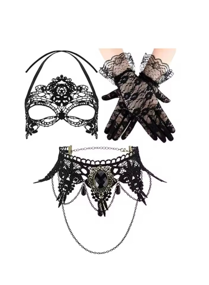 Venetian Masquerade Masks, Costume Set, Mask Black Choker Lace Necklace Pattern Gloves for Women  - Image 1