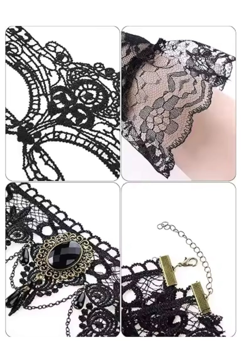 Venetian Masquerade Masks, Costume Set, Mask Black Choker Lace Necklace Pattern Gloves for Women  - Image 4