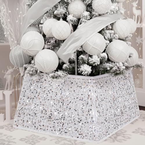 XmasExp Christmas Tree Collar 24 inch Sequin Tree Skirt Stand Base Cover for Home Decor Medium Size 4 Piece White - Image 1