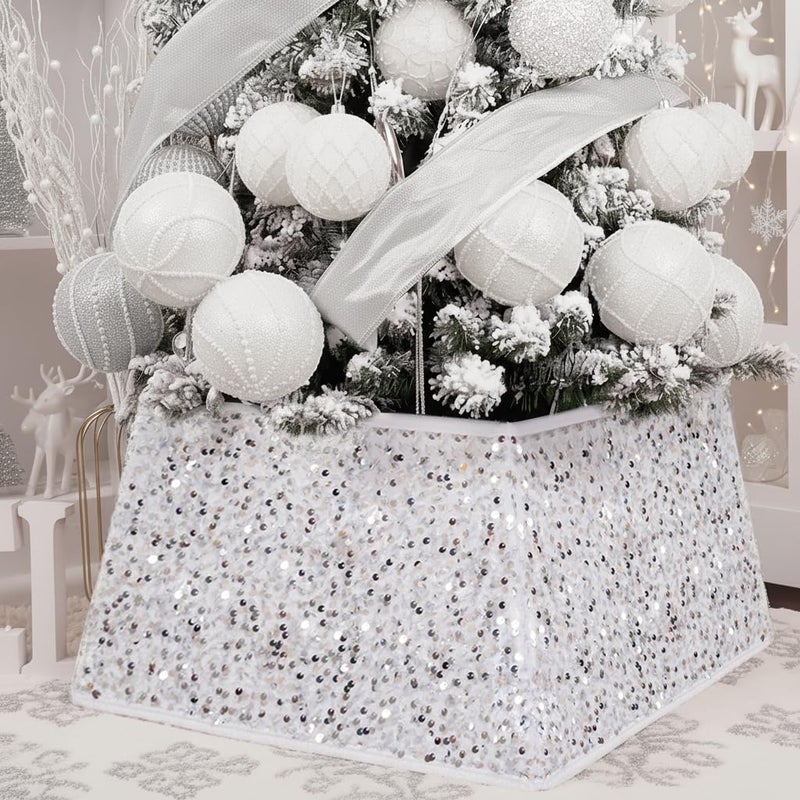 XmasExp Christmas Tree Collar 24 inch Sequin Tree Skirt Stand Base Cover for Home Decor Medium Size 4 Piece White - Image 2