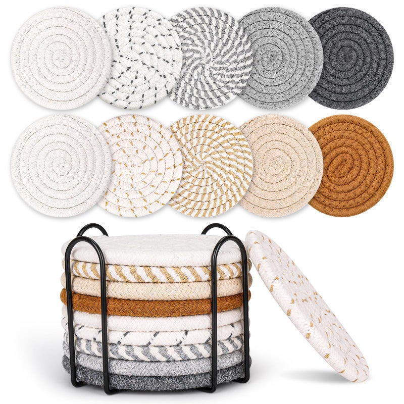 Mckanti 10 Style Drink Coasters with Holder  Absorbent Coasters for Coffee Table  Minimalist Cotton Woven Coaster Set for Home Decor Tabletop Protection Suitable for Kinds of Cups  4.3 Inches. - Image 1
