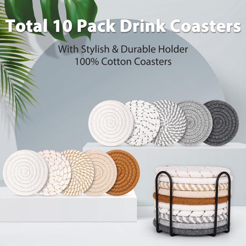 Mckanti 10 Style Drink Coasters with Holder  Absorbent Coasters for Coffee Table  Minimalist Cotton Woven Coaster Set for Home Decor Tabletop Protection Suitable for Kinds of Cups  4.3 Inches. - Image 2