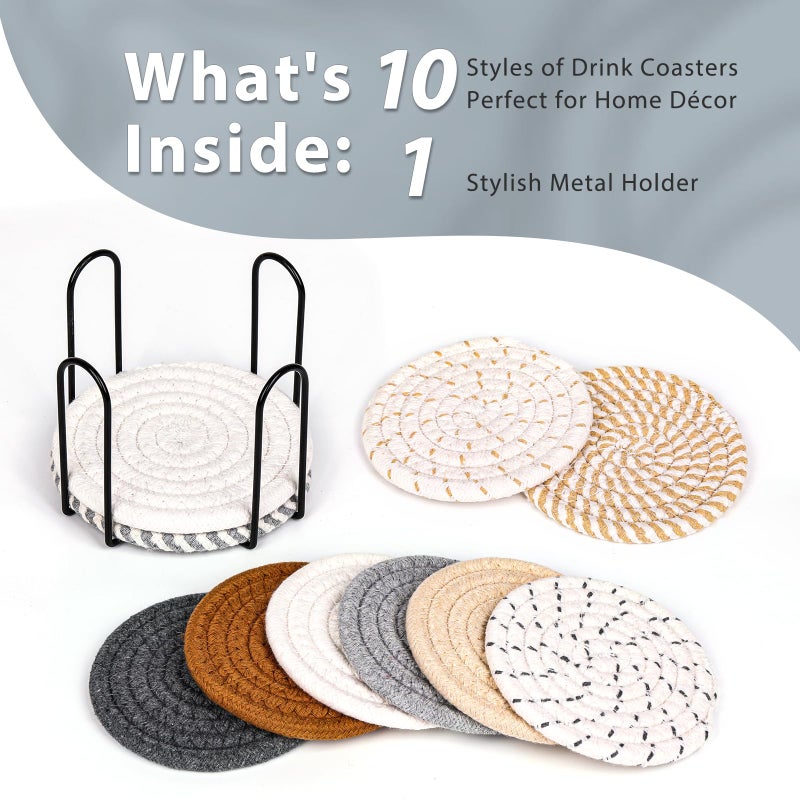 Mckanti 10 Style Drink Coasters with Holder  Absorbent Coasters for Coffee Table  Minimalist Cotton Woven Coaster Set for Home Decor Tabletop Protection Suitable for Kinds of Cups  4.3 Inches. - Image 3