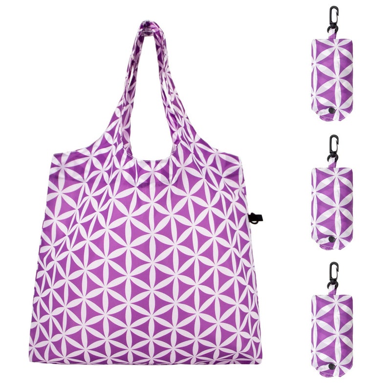 HOLYLUCK Reusable Grocery Bags,Heavy Duty Foldable Shopping Tote Bag (Standard, 3 Purple Geometric Flowers) - Image 1