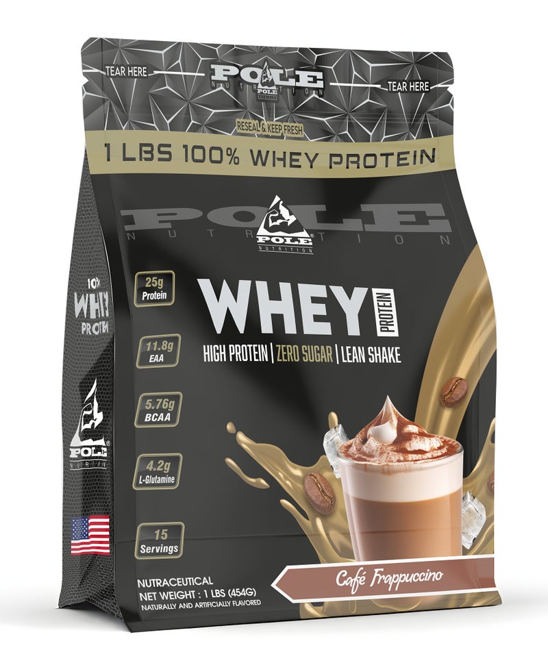 POLE NUTRITION بروتين مصل اللبن 100% 1 رطل (0.45 كجم) - مشروب بروتين عالي مع صفر سكر (كافيه فريبوتشينو) - Image 1