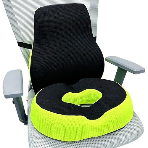 Sleepsia Cool Gel Memory Foam Donut Pillow & Lumbar Support Pillow for Tailbone Pain, Hemorrhoids, Lower Back Pain Relief (Black/Green, Combo) - Image 1