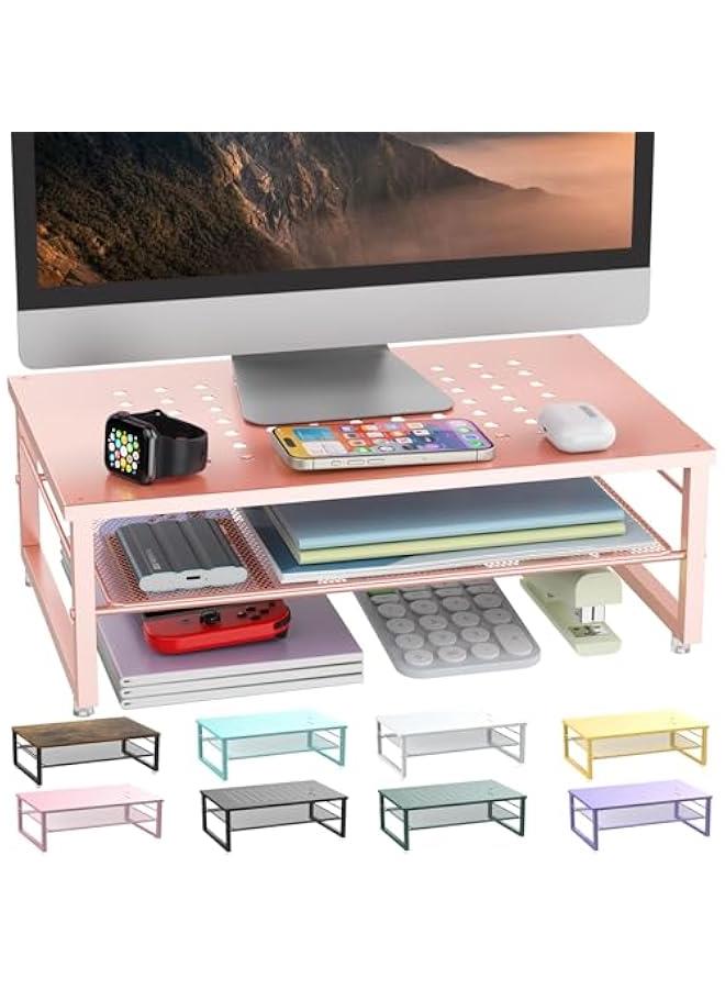 Arabest 2-Tier Metal Monitor Stand Riser, Desk Organizer for Monitor, Office Desk Storage Organizer for Office Supplies (Rose Gold) - Image 1