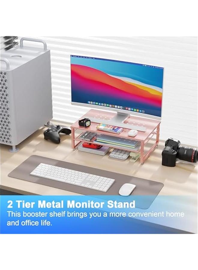 Arabest 2-Tier Metal Monitor Stand Riser, Desk Organizer for Monitor, Office Desk Storage Organizer for Office Supplies (Rose Gold) - Image 2