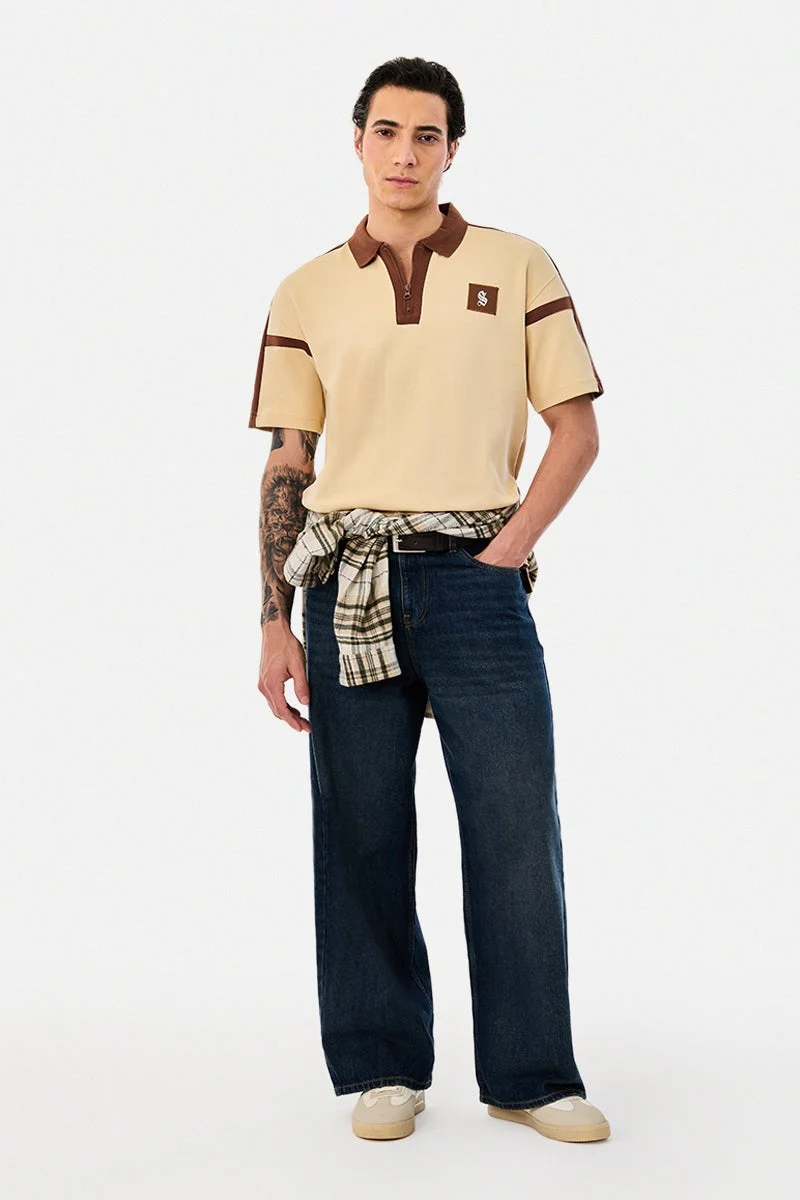 سنيتش Beige Graphic Half Sleeve Oversized Streetwear T-Shirt