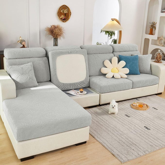 POLYESTER 2024 NEW WEARRESISTANT UNIVERSAL SOFA COVER STRETCH COUCH CUSHION SLIPCOVERS REPLACEMENT ANTISLIP L SHAPE SOFA COVERS SOFA SLIPCOVER LEAVES LIGHT GREYM BACK COVER