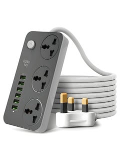 2 Meters Universal Extension Lead with Multiple Function UK Plug 3 Pin Socket Outlet with 3 Gang 6 USB Port 2M Electric Socket Mains Strip for Home Kitchen and Office Ideal for All Electronic Devices