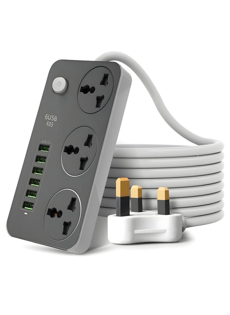 HOME 4 YOU - 2 Meters Universal Extension Lead with Multiple Function UK Plug 3 Pin Socket Outlet with 3 Gang 6 USB Port 2M Electric Socket Mains Strip for Home Kitchen and Office Ideal for All Electronic Devices - Image 1