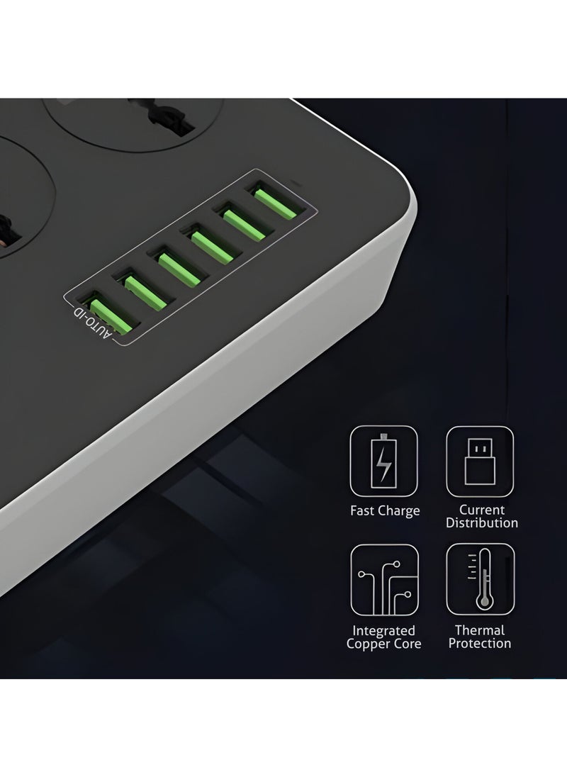 HOME 4 YOU - 2 Meters Universal Extension Lead with Multiple Function UK Plug 3 Pin Socket Outlet with 3 Gang 6 USB Port 2M Electric Socket Mains Strip for Home Kitchen and Office Ideal for All Electronic Devices - Image 1