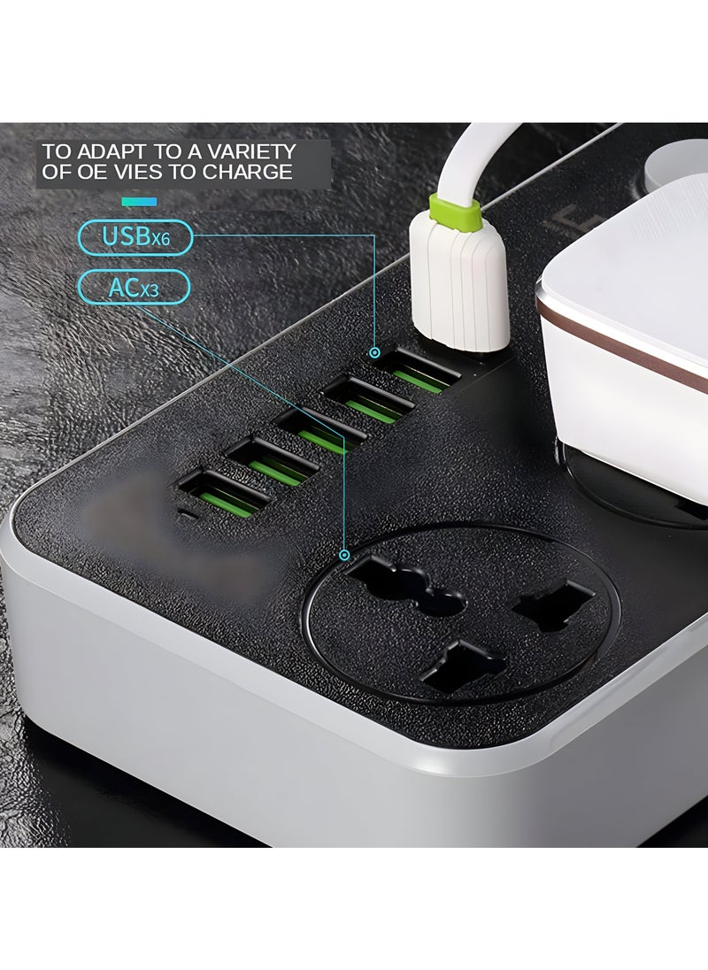 HOME 4 YOU - 2 Meters Universal Extension Lead with Multiple Function UK Plug 3 Pin Socket Outlet with 3 Gang 6 USB Port 2M Electric Socket Mains Strip for Home Kitchen and Office Ideal for All Electronic Devices - Image 1