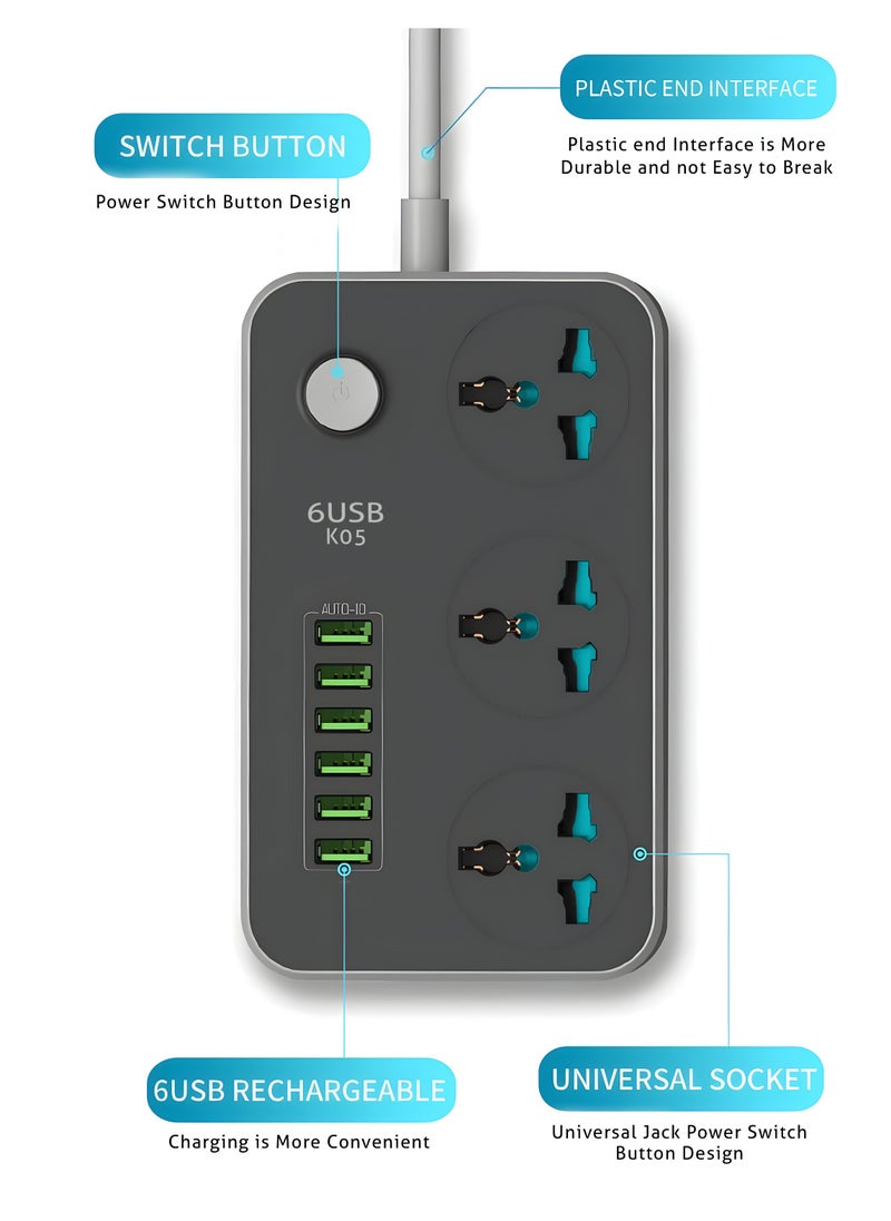 HOME 4 YOU - 2 Meters Universal Extension Lead with Multiple Function UK Plug 3 Pin Socket Outlet with 3 Gang 6 USB Port 2M Electric Socket Mains Strip for Home Kitchen and Office Ideal for All Electronic Devices - Image 1