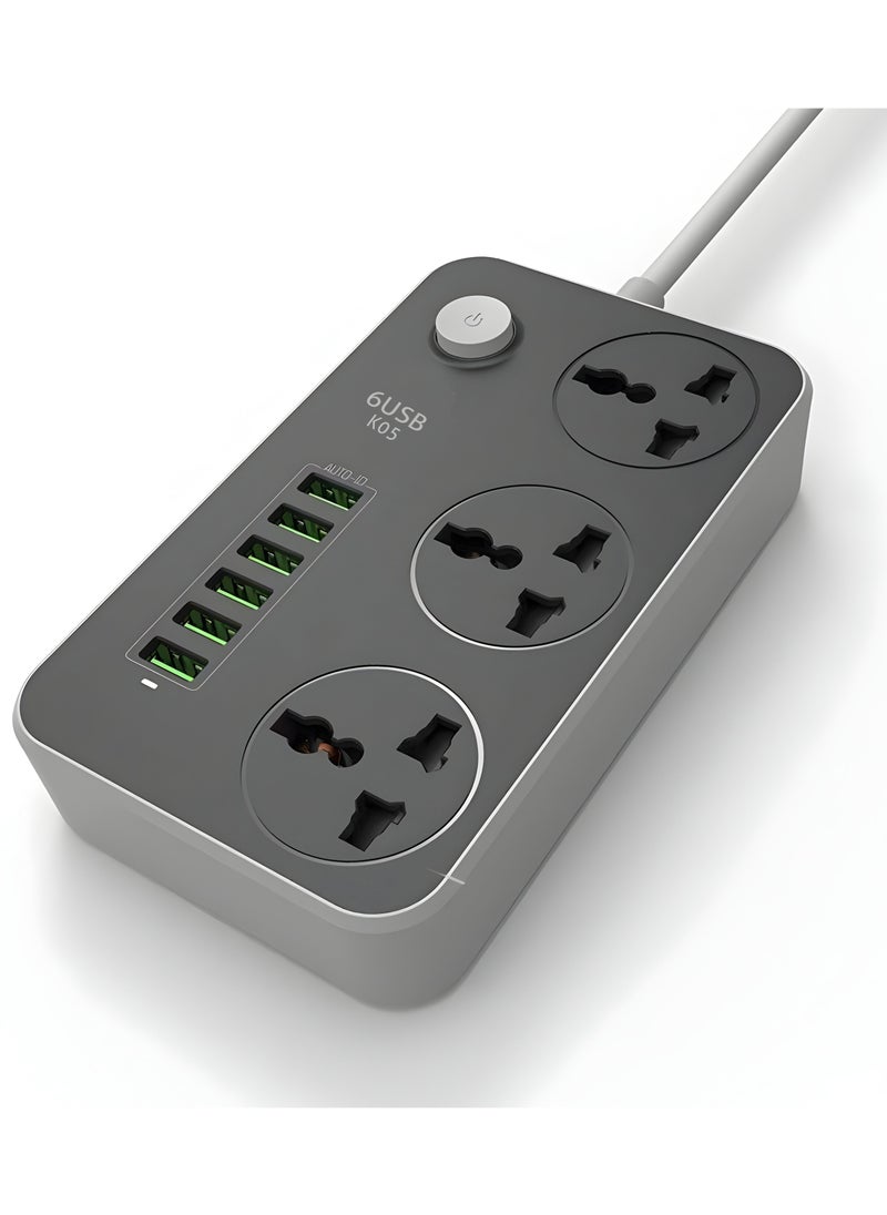 HOME 4 YOU - 2 Meters Universal Extension Lead with Multiple Function UK Plug 3 Pin Socket Outlet with 3 Gang 6 USB Port 2M Electric Socket Mains Strip for Home Kitchen and Office Ideal for All Electronic Devices - Image 1