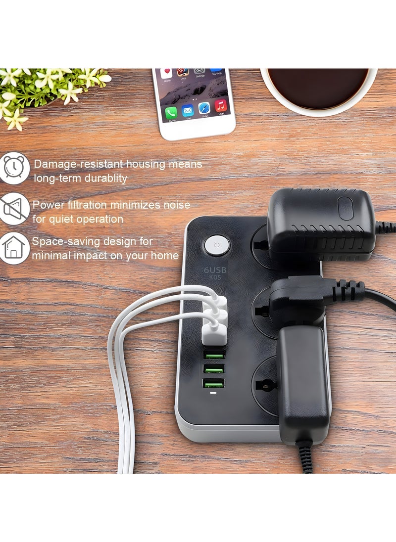 HOME 4 YOU - 2 Meters Universal Extension Lead with Multiple Function UK Plug 3 Pin Socket Outlet with 3 Gang 6 USB Port 2M Electric Socket Mains Strip for Home Kitchen and Office Ideal for All Electronic Devices - Image 1