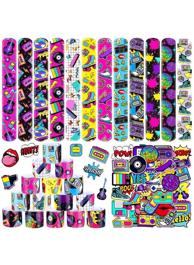 Sinmoe 86 Pcs 80S 90S Party Favors Slap Bracelets Bulk Back To 80S 90S Throwback Theme Party Favors Snap Bracelets Kids Bracelets With Retro Stickers For Kids Adults Classroom Prizes 80S Party Decorations - Image 1