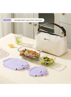 Long Glass Fresh-keeping Bowl Microwave Heatable Glass Bowl For Office Students With Meal Separated Lunch Box Lunch Box-Specifications:Rectangular Non-divided 900ml + Square 310ml + Insulation Bag - Lilac