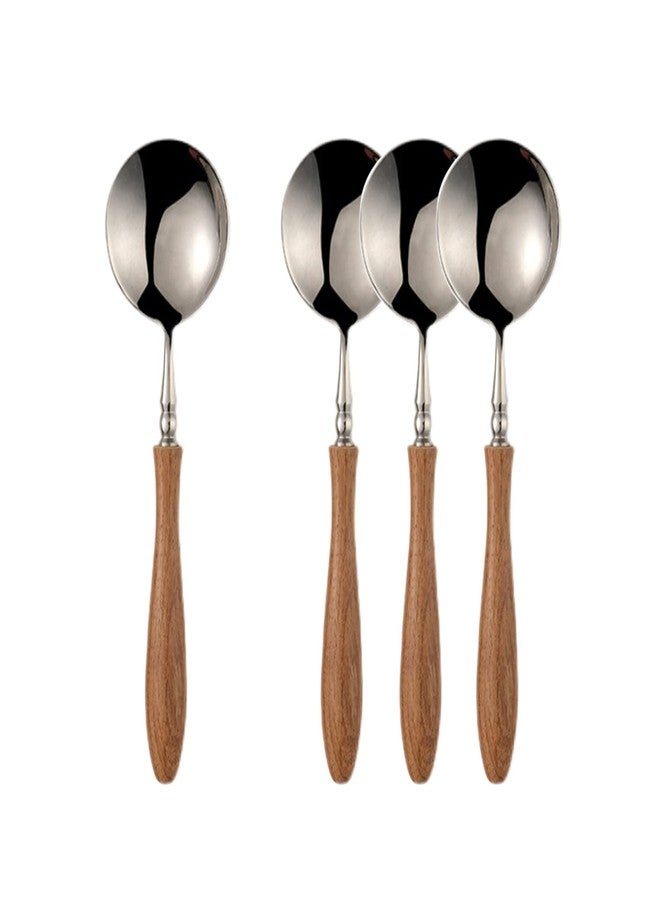Uniturcky Soup Spoons, 4 pieces 18/8 Stainless Steel Round Spoon with Wood Handle, Flatware Silverware Eating Utensils for Home Kitchen and Restaurant, Mirror Polish, 7.28-Inch - Image 1