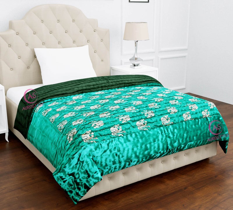 AUROSTYLE Rajasthani Cotton Filled Light Weight Silk Soft Jaipuri AC Quilt Dohar Over All Floral Print Design Blankets for Home (85x100 Inch,Rama Green Elephant Print, Double Bed) - Image 5