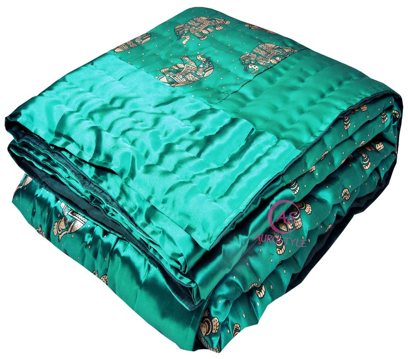AUROSTYLE Rajasthani Cotton Filled Light Weight Silk Soft Jaipuri AC Quilt Dohar Over All Floral Print Design Blankets for Home (85x100 Inch,Rama Green Elephant Print, Double Bed) - Image 1