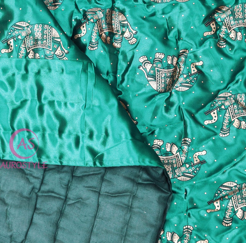 AUROSTYLE Rajasthani Cotton Filled Light Weight Silk Soft Jaipuri AC Quilt Dohar Over All Floral Print Design Blankets for Home (85x100 Inch,Rama Green Elephant Print, Double Bed) - Image 4