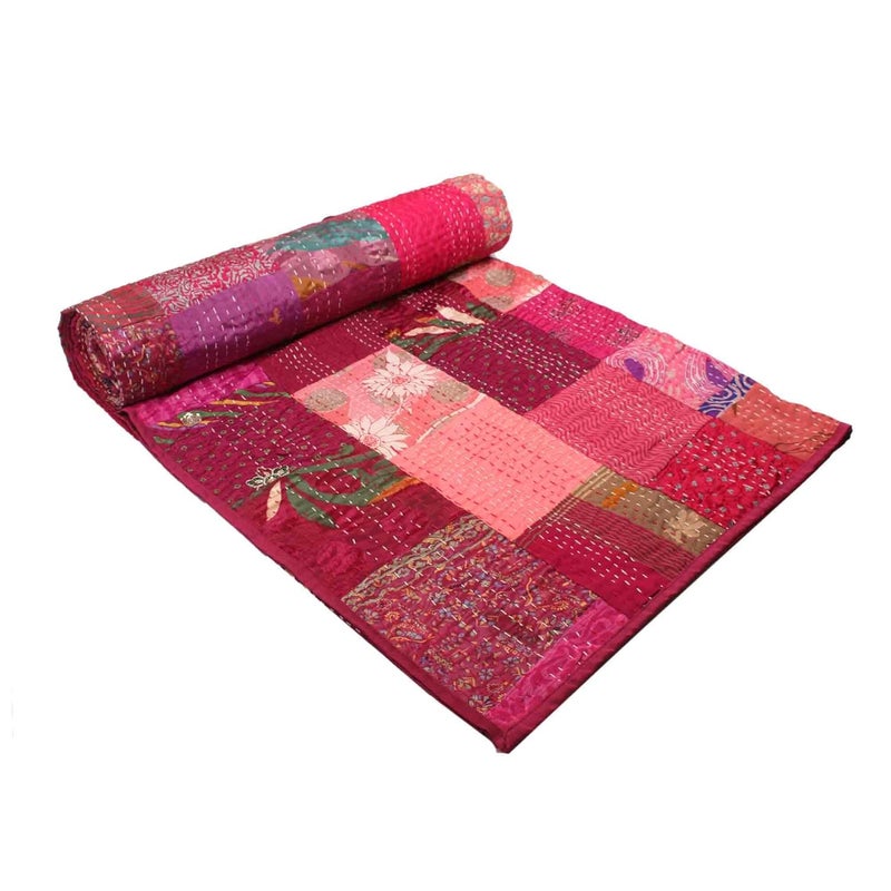 BOHEKANT Handicraft Silk Kantha Quilt Kantha Bed Cover Handmade Kantha Bedspread Kantha Blanket Throw07 Queen 90x108 inches Double Bed - Image 2