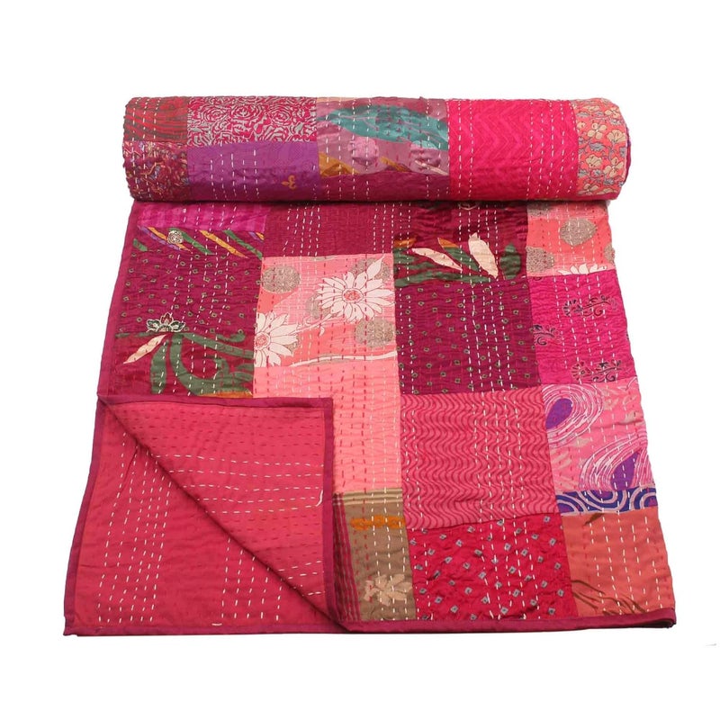 BOHEKANT Handicraft Silk Kantha Quilt Kantha Bed Cover Handmade Kantha Bedspread Kantha Blanket Throw07 Queen 90x108 inches Double Bed - Image 1