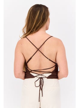 MANGO Women Scoop Neck Sleeveless Plain Tank Top, Brown  - Image 4