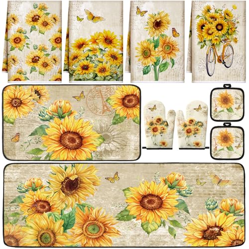 Fourluoo 10 Pcs Sunflower Kitchen Dish Towels Rugs Oven Mitts and Pot Holders Set Farmhouse Kitchen Decor Set for Women Mom Daughter Gift Cooking Baking Grilling Retro Yellow