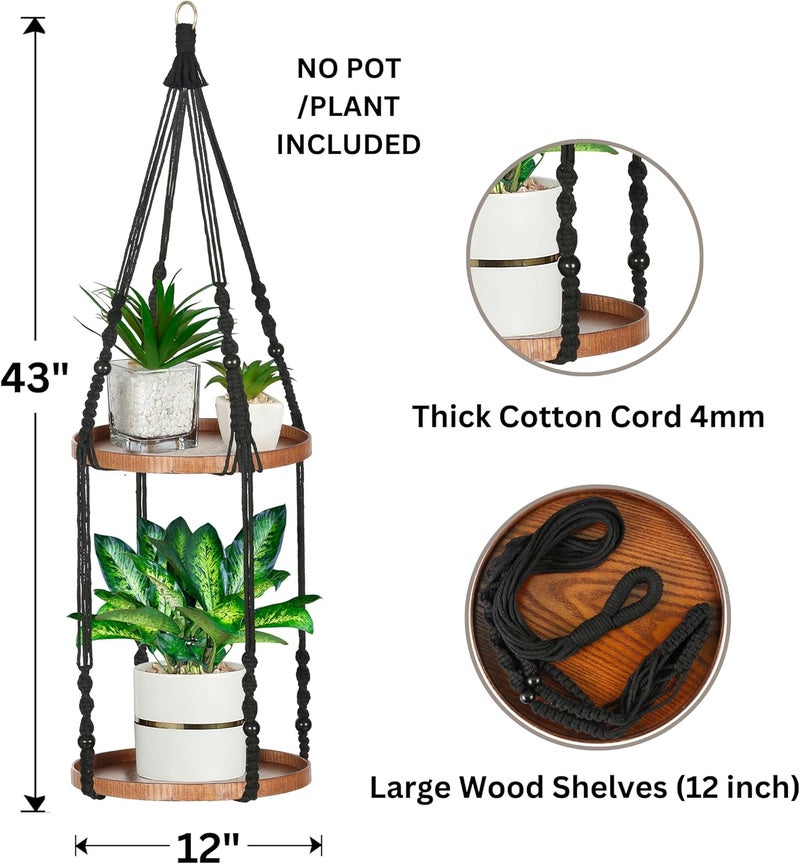 Shineloha 2 Tier Macrame Plant Hanger | Plant Hanger Indoor, Hanging Planter | Hanging Planter Shelf (Black) (Large, 12" Shelf) - Image 1