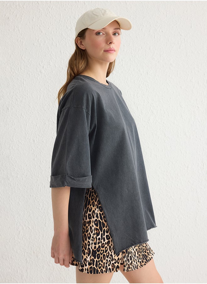 trendyol Anthracite Washed 100% Cotton Double Sleeve Asymmetric Boyfriend Knitted T-Shirt TWOSS20TS0828  - Image 1