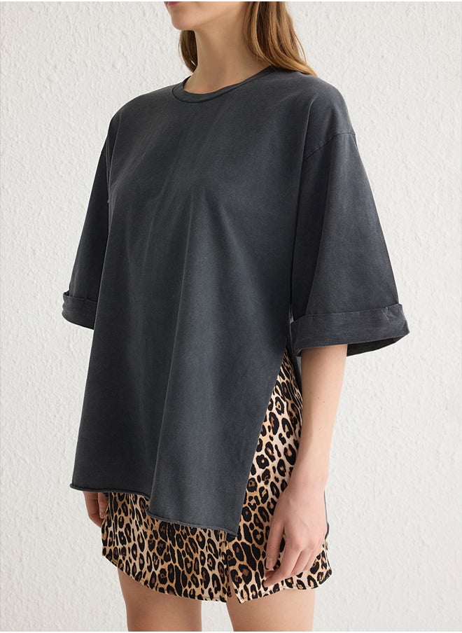 trendyol Anthracite Washed 100% Cotton Double Sleeve Asymmetric Boyfriend Knitted T-Shirt TWOSS20TS0828  - Image 4