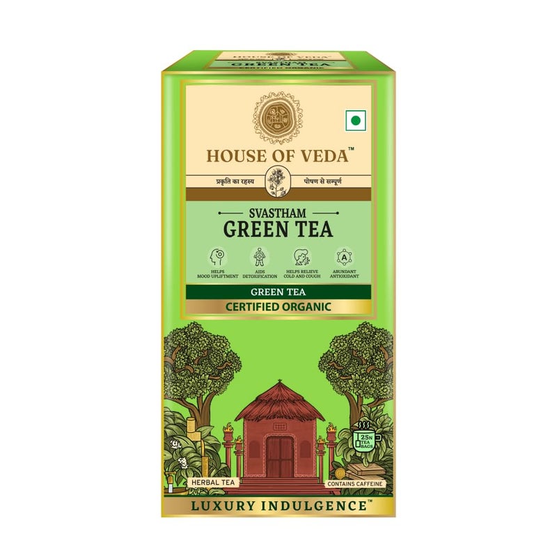 HOUSE OF VEDA شاي فيدا الأخضر - 25 كيس، مهدئ للبرد والسعال، غني بمضادات الأكسدة، أكياس شاي عضوي معتمد - Image 1