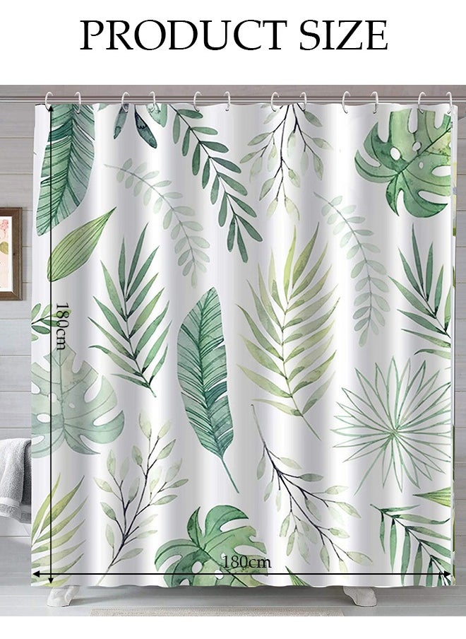 Waterproof Fabric Shower Curtain With 12 Hooks, Bathroom Decor Machine Washable Durable and Quick-Drying, 180*180 cm Green Plants Shower Curtain for Bathroom