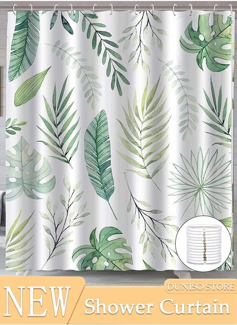 Waterproof Fabric Shower Curtain With 12 Hooks, Bathroom Decor Machine Washable Durable and Quick-Drying, 180*180 cm Green Plants Shower Curtain for Bathroom