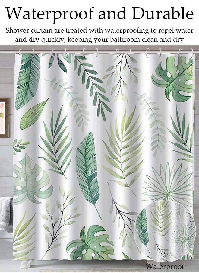 Waterproof Fabric Shower Curtain With 12 Hooks, Bathroom Decor Machine Washable Durable and Quick-Drying, 180*180 cm Green Plants Shower Curtain for Bathroom