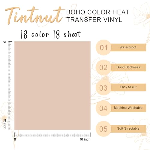 Tintnut Boho Color Heat Transfer Vinyl - 18 Sheets 12 X10 Inche Neutral Tone Brown HTV Vinyl Aqua Iron On Vinyl Beige/Brown/Tan/Light Lilac HTV for T-Shirts Compatible with Silhoutte Cameo - Image 2