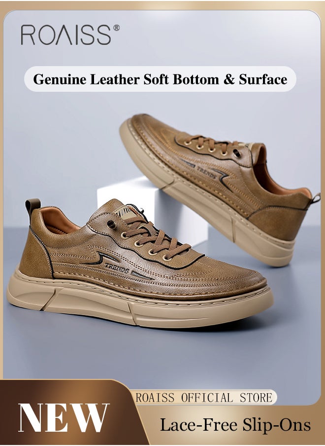 roaiss - Business Casual Leather Shoes for Men Round Toe Low Top Front Lace up Anti Slip Driving Shoes Mens Retro Stretch Sole Comfort Wear Resistant Walking Shoes For All Seasons - Image 1