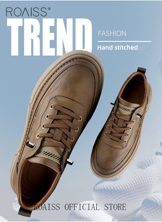 roaiss - Business Casual Leather Shoes for Men Round Toe Low Top Front Lace up Anti Slip Driving Shoes Mens Retro Stretch Sole Comfort Wear Resistant Walking Shoes For All Seasons - Image 1